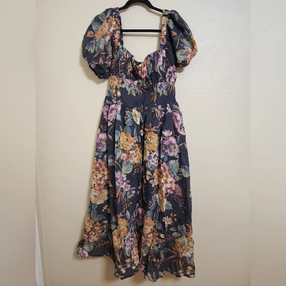 Lulus Adorable Tendencies Dark Grey Floral Puff Sleeve Midi Dress XXL Wedding - Picture 6 of 10